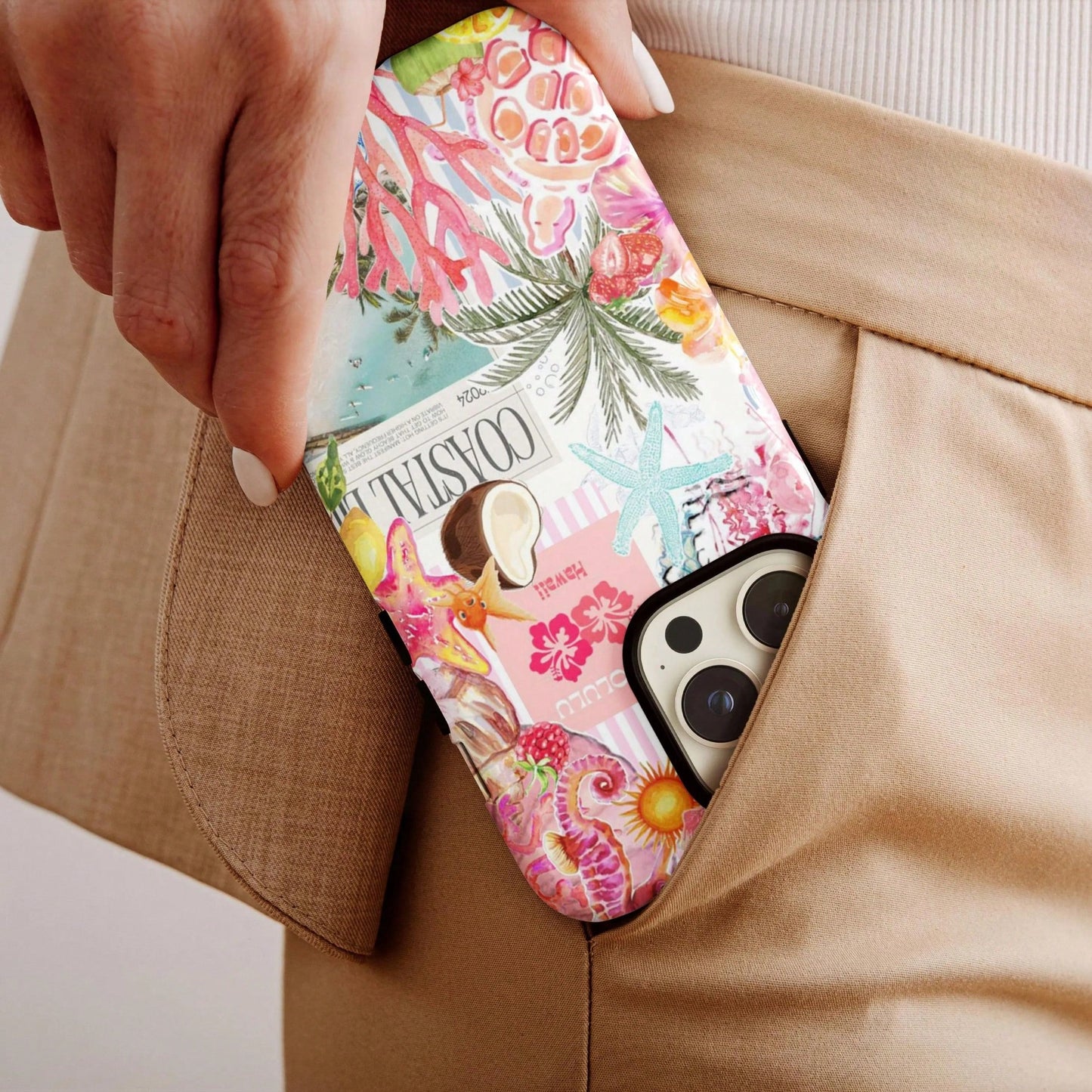 Shockproof Fashion Beach Elements Beach Collage Pattern Phone Case Summer Coconut & Hibiscus Style Compatible With Iphone 17 16 15 14 13 Pro Max Plus 12 11 Spring