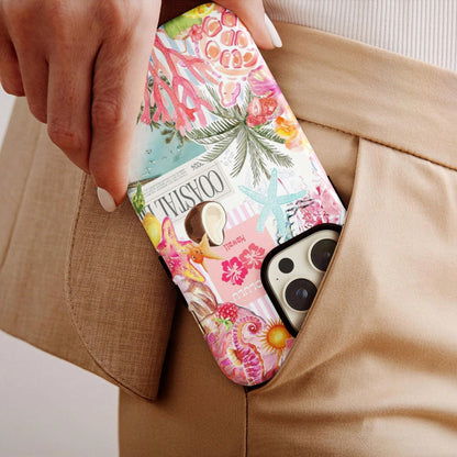 Shockproof Fashion Beach Elements Beach Collage Pattern Phone Case Summer Coconut & Hibiscus Style Compatible With Iphone 17 16 15 14 13 Pro Max Plus 12 11 Spring