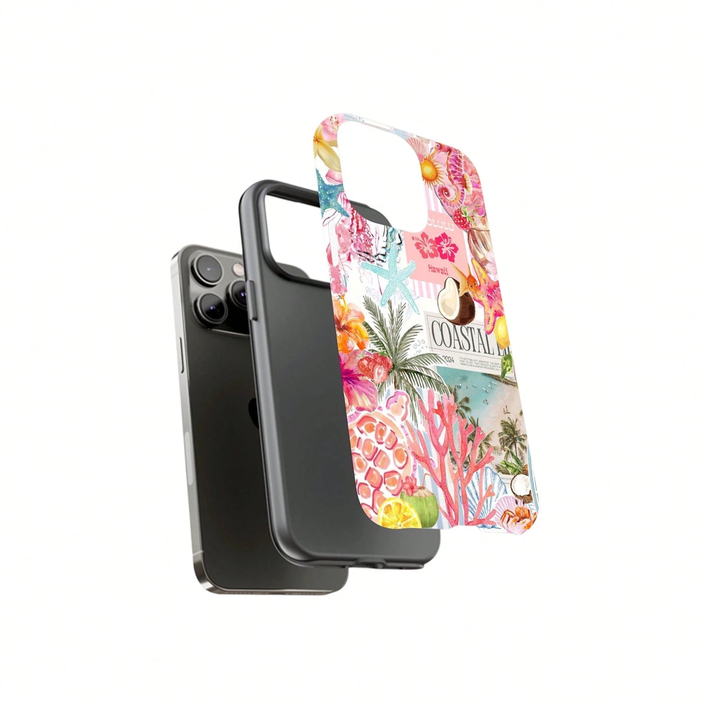 Shockproof Fashion Beach Elements Beach Collage Pattern Phone Case Summer Coconut & Hibiscus Style Compatible With Iphone 17 16 15 14 13 Pro Max Plus 12 11 Spring