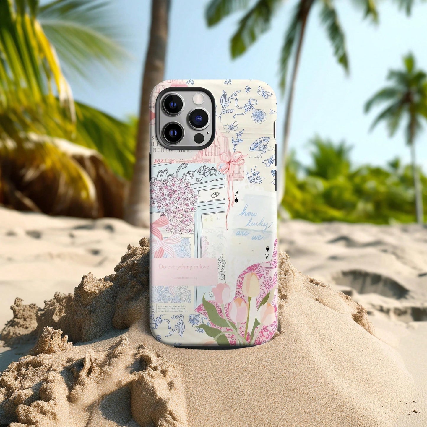 Shockproof Fashion Beach Elements Beach Collage Pattern Phone Case Summer Coconut & Hibiscus Style Compatible With Iphone 17 16 15 14 13 Pro Max Plus 12 11 Spring