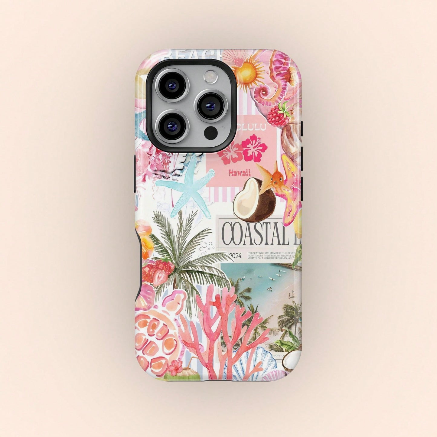 Shockproof Fashion Beach Elements Beach Collage Pattern Phone Case Summer Coconut & Hibiscus Style Compatible With Iphone 17 16 15 14 13 Pro Max Plus 12 11 Spring