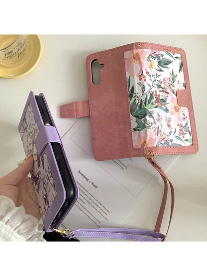 Shockproof Flower Print Cardholder Summer Spring 1pc Flower Print Card Slot Wallet Phone Case Cover Compatible With S24/S22/S23 Ultra/S20FE Women Waterproof Anti-Fall Scratch Resistant Spring Gift,Int
