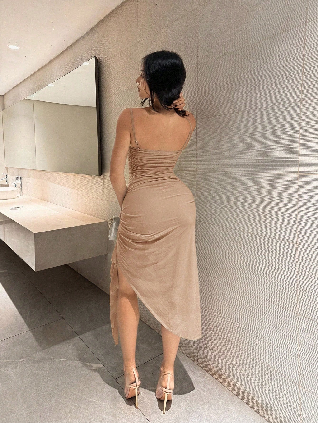 Shopreo Elegant Sage Green Romantic Ruffle Sleeve High Slit Dress, Lace Bodycon Party Dress For Women, Suitable For Valentine's Day, Date, Wedding, Prom