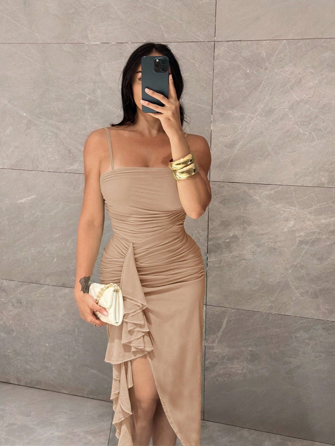 Shopreo Elegant Sage Green Romantic Ruffle Sleeve High Slit Dress, Lace Bodycon Party Dress For Women, Suitable For Valentine's Day, Date, Wedding, Prom