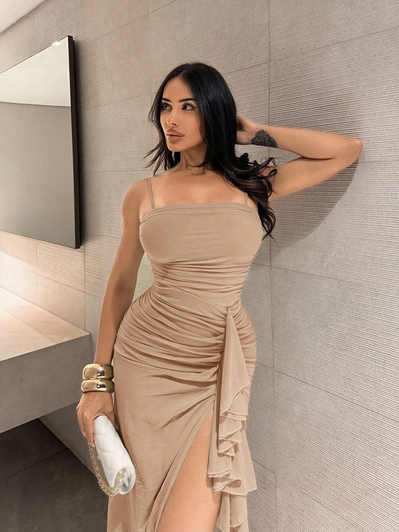 Shopreo Elegant Sage Green Romantic Ruffle Sleeve High Slit Dress, Lace Bodycon Party Dress For Women, Suitable For Valentine's Day, Date, Wedding, Prom