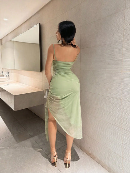Shopreo Elegant Sage Green Romantic Ruffle Sleeve High Slit Dress, Lace Bodycon Party Dress For Women, Suitable For Valentine's Day, Date, Wedding, Prom