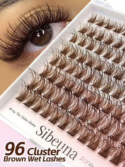 Sibeuna 96pcs Wet Brown Lash Clusters, Natural Curly Individual False Eyelash Clusters, D-Curl, 10-16mm Length, Dramatic Eyelash Clusters,Brown Lashes.