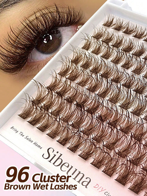 Sibeuna 96pcs Wet Brown Lash Clusters, Natural Curly Individual False Eyelash Clusters, D-Curl, 10-16mm Length, Dramatic Eyelash Clusters,Brown Lashes.