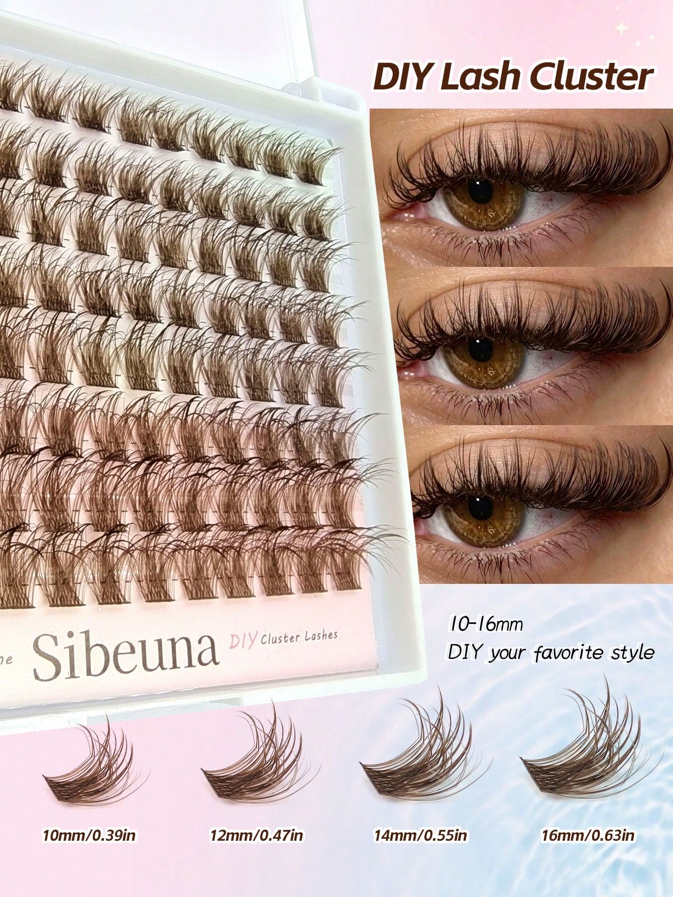 Sibeuna 96pcs Wet Brown Lash Clusters, Natural Curly Individual False Eyelash Clusters, D-Curl, 10-16mm Length, Dramatic Eyelash Clusters,Brown Lashes.