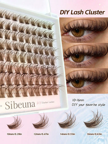 Sibeuna 96pcs Wet Brown Lash Clusters, Natural Curly Individual False Eyelash Clusters, D-Curl, 10-16mm Length, Dramatic Eyelash Clusters,Brown Lashes.