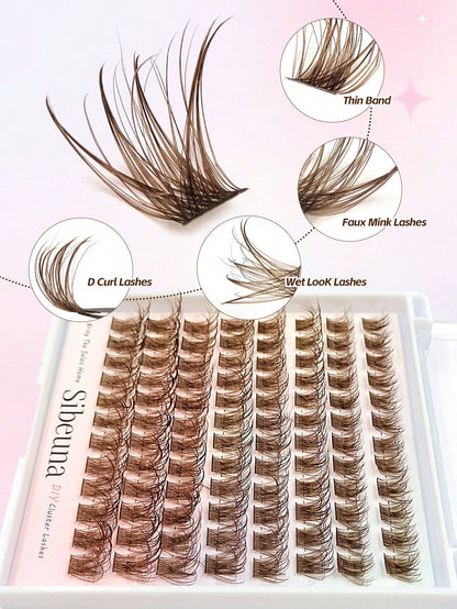 Sibeuna 96pcs Wet Brown Lash Clusters, Natural Curly Individual False Eyelash Clusters, D-Curl, 10-16mm Length, Dramatic Eyelash Clusters,Brown Lashes.