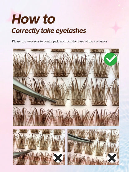 Sibeuna 96pcs Wet Brown Lash Clusters, Natural Curly Individual False Eyelash Clusters, D-Curl, 10-16mm Length, Dramatic Eyelash Clusters,Brown Lashes.
