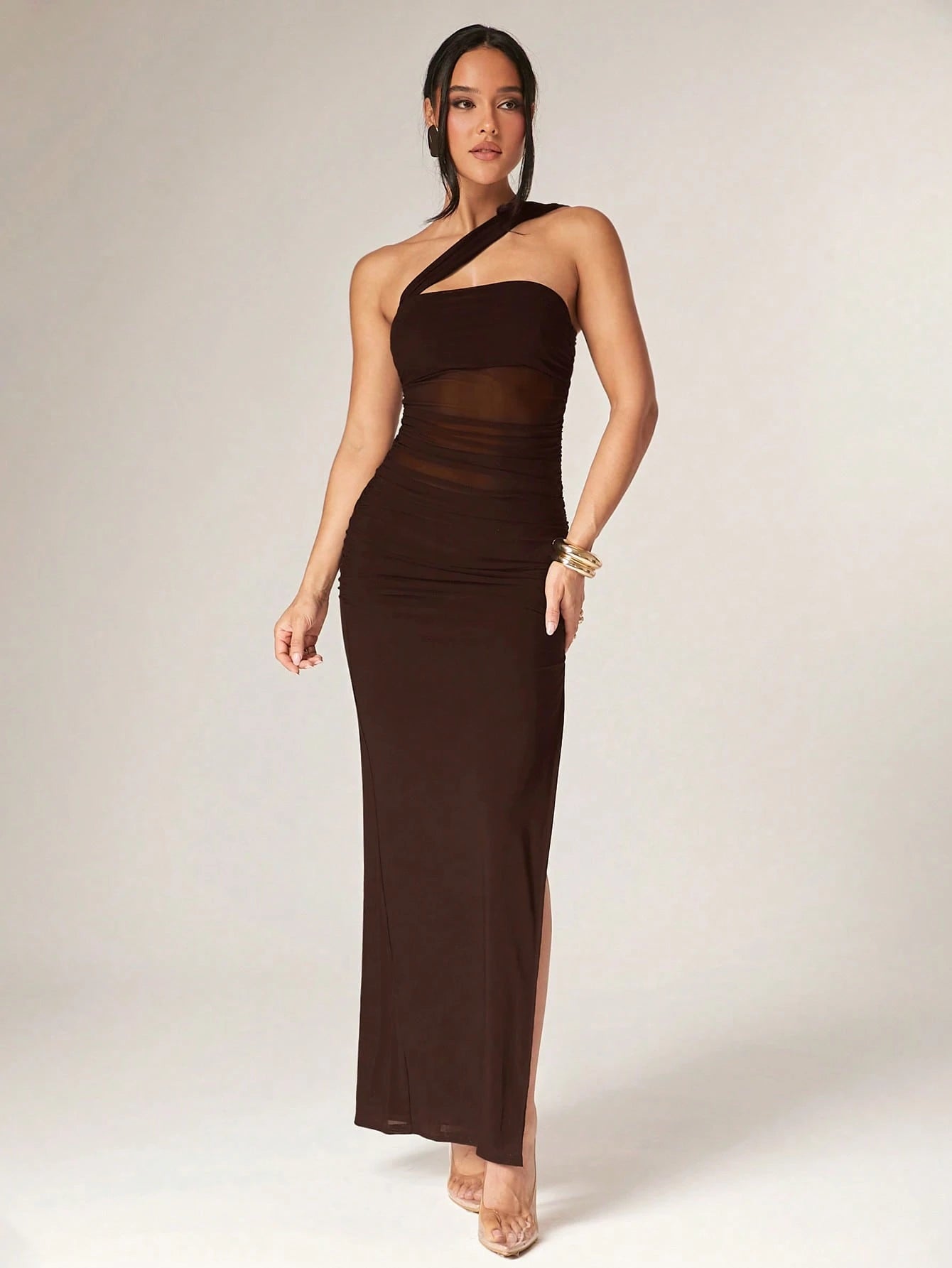 Silquee Women's Solid Color Sleeveless Ruched Side Slit Hem Fitted Dress