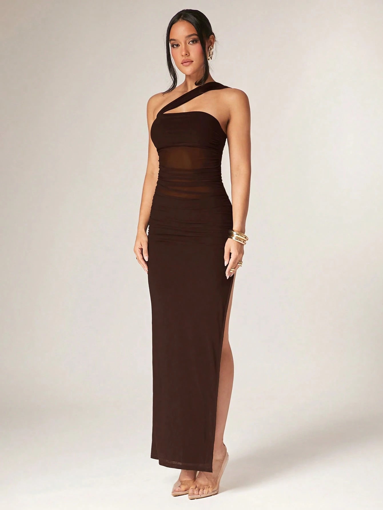 Silquee Women's Solid Color Sleeveless Ruched Side Slit Hem Fitted Dress