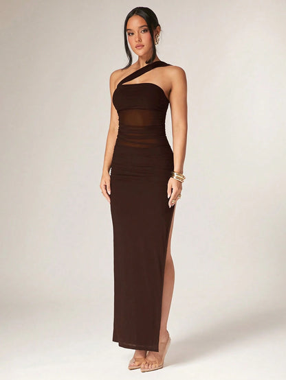 Silquee Women's Solid Color Sleeveless Ruched Side Slit Hem Fitted Dress