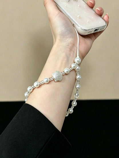 Silver Embossed Shell Gradient Pearl Thin Cord Phone Lanyard, Metal-Free Direct-Through Ocean Style Pearl Short Wrist Strap, Summer Beach Vacation Gentle Girl Anti-Loss Phone Wrist Strap, Minimalist F