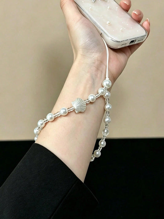 Silver Embossed Shell Gradient Pearl Thin Cord Phone Lanyard, Metal-Free Direct-Through Ocean Style Pearl Short Wrist Strap, Summer Beach Vacation Gentle Girl Anti-Loss Phone Wrist Strap, Minimalist F