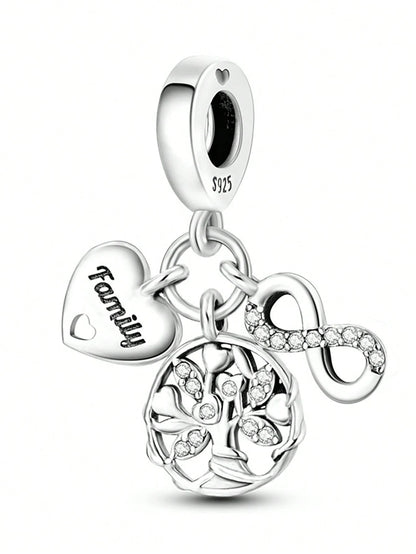 Silver Plated Tree Of Life Sphere Bead Pendant, Fits DIY Bracelet Necklace, Heart Detail Women Jewelry Charm, Holiday Gift For Mom Wife Family Friends