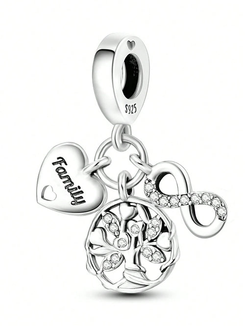 Silver Plated Tree Of Life Sphere Bead Pendant, Fits DIY Bracelet Necklace, Heart Detail Women Jewelry Charm, Holiday Gift For Mom Wife Family Friends