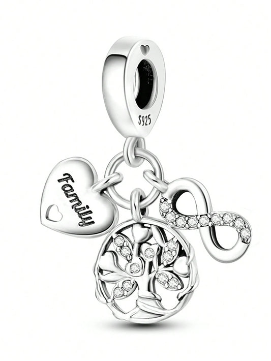 Silver Plated Tree Of Life Sphere Bead Pendant, Fits DIY Bracelet Necklace, Heart Detail Women Jewelry Charm, Holiday Gift For Mom Wife Family Friends