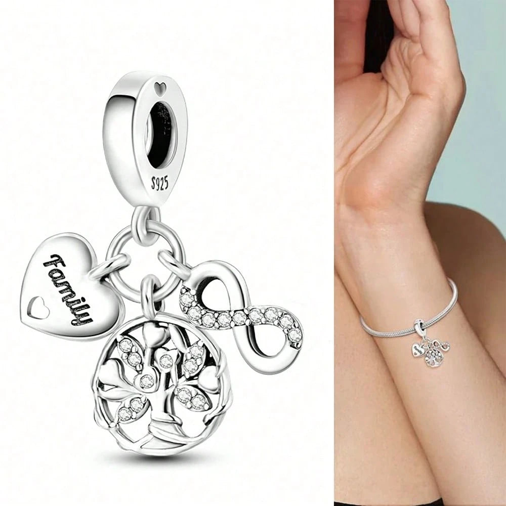 Silver Plated Tree Of Life Sphere Bead Pendant, Fits DIY Bracelet Necklace, Heart Detail Women Jewelry Charm, Holiday Gift For Mom Wife Family Friends