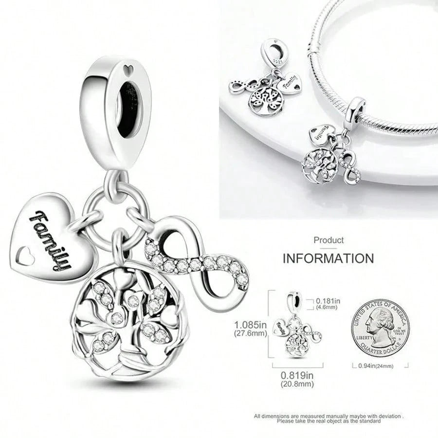Silver Plated Tree Of Life Sphere Bead Pendant, Fits DIY Bracelet Necklace, Heart Detail Women Jewelry Charm, Holiday Gift For Mom Wife Family Friends