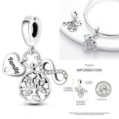 Silver Plated Tree Of Life Sphere Bead Pendant, Fits DIY Bracelet Necklace, Heart Detail Women Jewelry Charm, Holiday Gift For Mom Wife Family Friends