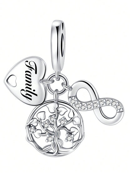 Silver Plated Tree Of Life Sphere Bead Pendant, Fits DIY Bracelet Necklace, Heart Detail Women Jewelry Charm, Holiday Gift For Mom Wife Family Friends
