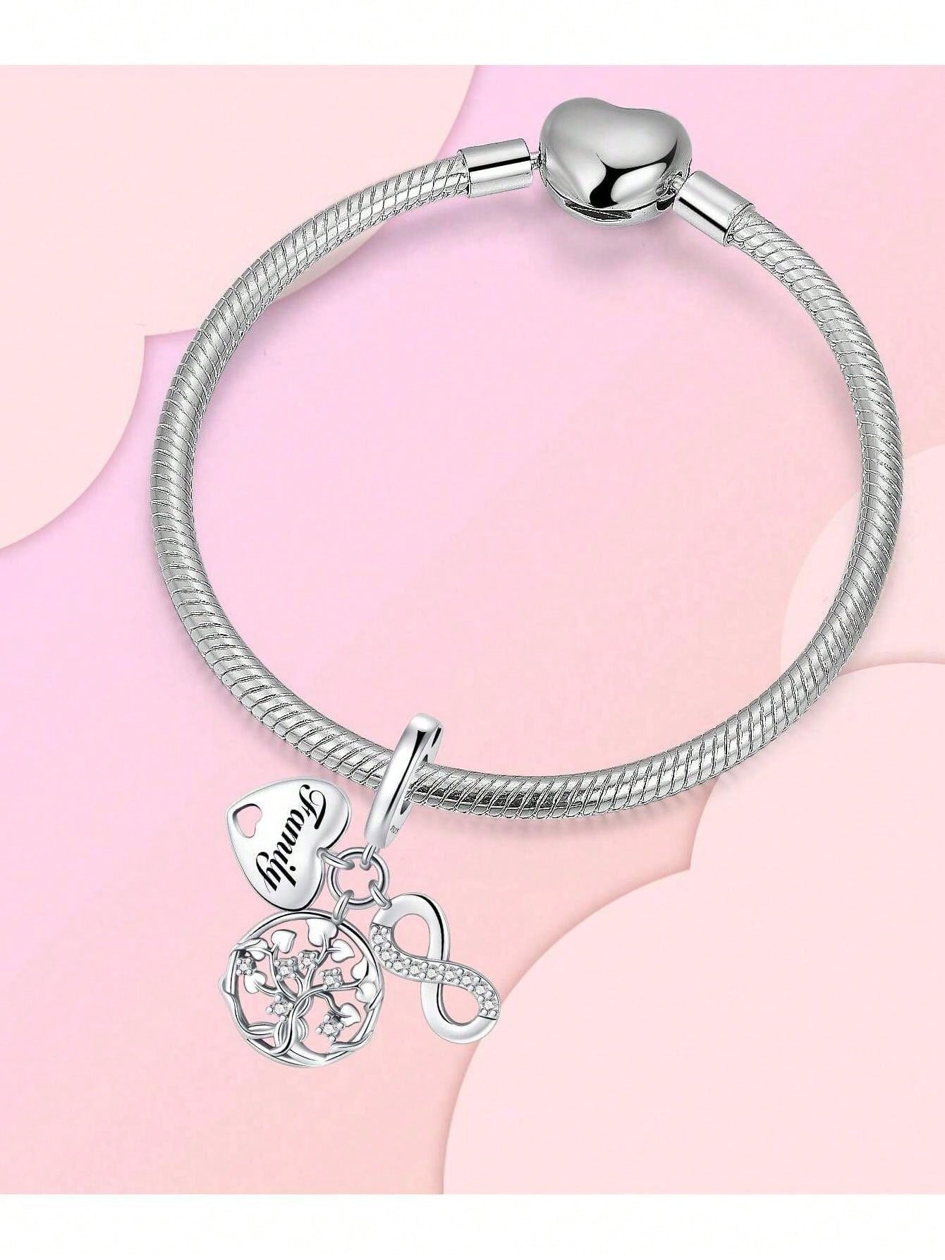 Silver Plated Tree Of Life Sphere Bead Pendant, Fits DIY Bracelet Necklace, Heart Detail Women Jewelry Charm, Holiday Gift For Mom Wife Family Friends