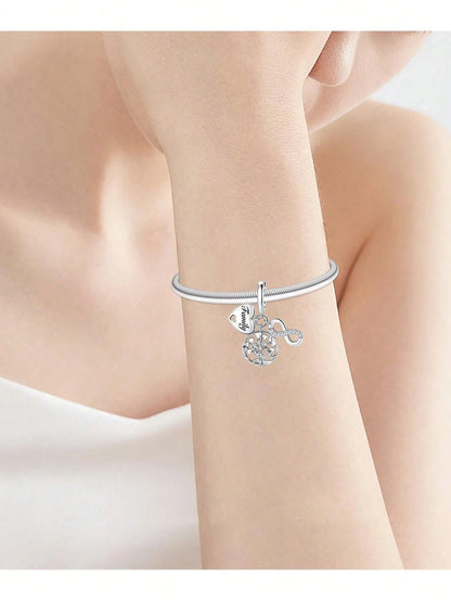 Silver Plated Tree Of Life Sphere Bead Pendant, Fits DIY Bracelet Necklace, Heart Detail Women Jewelry Charm, Holiday Gift For Mom Wife Family Friends