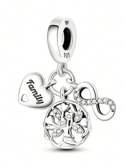 Silver Plated Tree Of Life Sphere Bead Pendant, Fits DIY Bracelet Necklace, Heart Detail Women Jewelry Charm, Holiday Gift For Mom Wife Family Friends