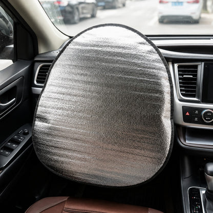 Silver Reflective Heat-Insulating Sun Shade Cover For Car Steering Wheel, Anti-Burn And Anti-UV Protection For Summer, Foldable And Portable Storage, Black Fine Edging, Suitable For Most Sedans And SU