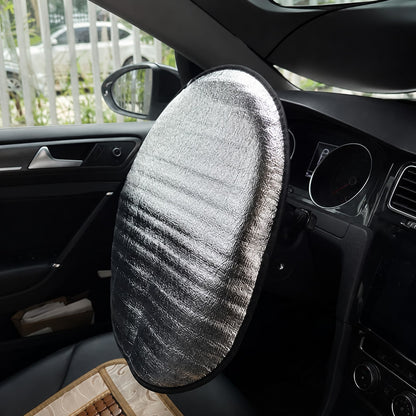 Silver Reflective Heat-Insulating Sun Shade Cover For Car Steering Wheel, Anti-Burn And Anti-UV Protection For Summer, Foldable And Portable Storage, Black Fine Edging, Suitable For Most Sedans And SU