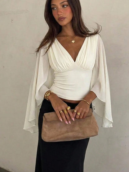 Siren Gaze Summer Women Deep V-Neck Pleated Casual Daily Wear Ruffle Peplum Blouse Western Vintage Elegant Casual Formal Going Out Wedding Graduation Beach