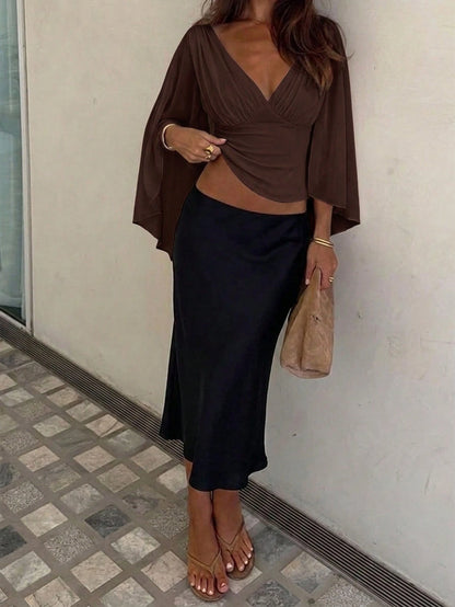 Siren Gaze Summer Women Deep V-Neck Pleated Casual Daily Wear Ruffle Peplum Blouse Western Vintage Elegant Casual Formal Going Out Wedding Graduation Beach