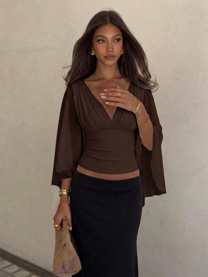 Siren Gaze Summer Women Deep V-Neck Pleated Casual Daily Wear Ruffle Peplum Blouse Western Vintage Elegant Casual Formal Going Out Wedding Graduation Beach