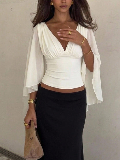 Siren Gaze Summer Women Deep V-Neck Pleated Casual Daily Wear Ruffle Peplum Blouse Western Vintage Elegant Casual Formal Going Out Wedding Graduation Beach
