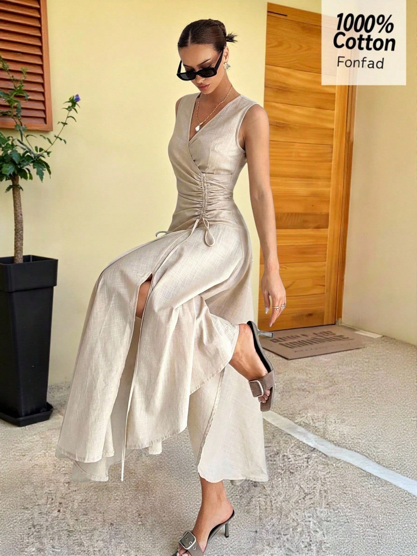 Siren Gaze Women's 100% Cotton & Linen V-Neck Sleeveless Wrap Dress,Asymmetric Hem Pleated Light Beige Elegant Long Dress,Summer Casual Vacation Holiday Dress