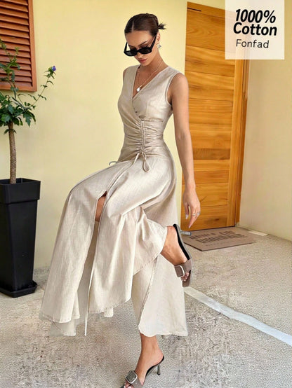 Siren Gaze Women's 100% Cotton & Linen V-Neck Sleeveless Wrap Dress,Asymmetric Hem Pleated Light Beige Elegant Long Dress,Summer Casual Vacation Holiday Dress