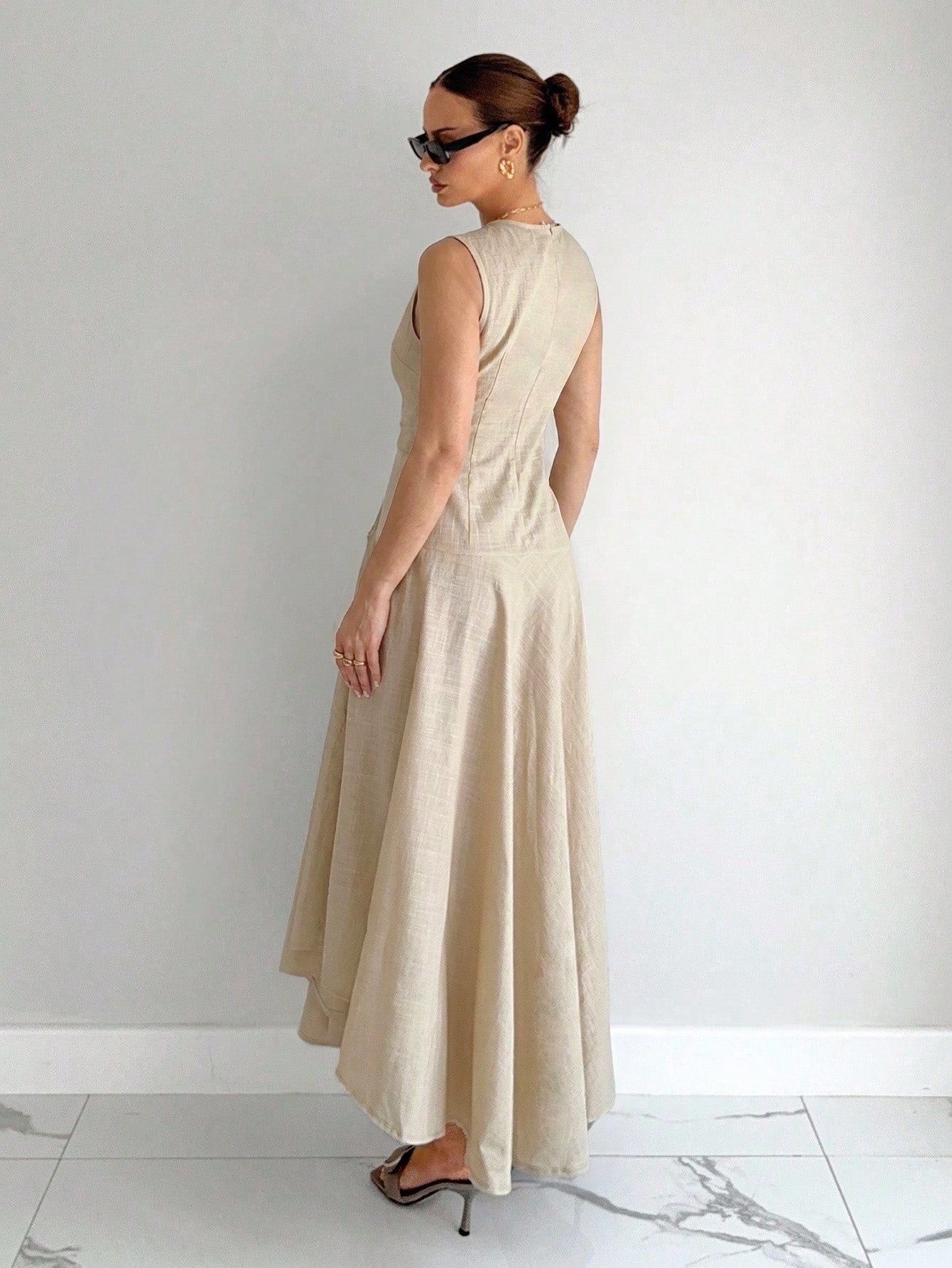 Siren Gaze Women's 100% Cotton & Linen V-Neck Sleeveless Wrap Dress,Asymmetric Hem Pleated Light Beige Elegant Long Dress,Summer Casual Vacation Holiday Dress