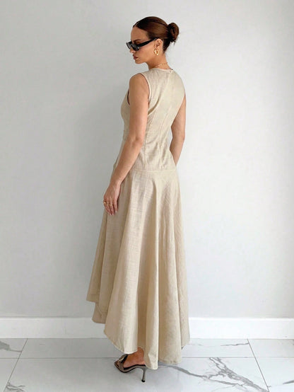 Siren Gaze Women's 100% Cotton & Linen V-Neck Sleeveless Wrap Dress,Asymmetric Hem Pleated Light Beige Elegant Long Dress,Summer Casual Vacation Holiday Dress