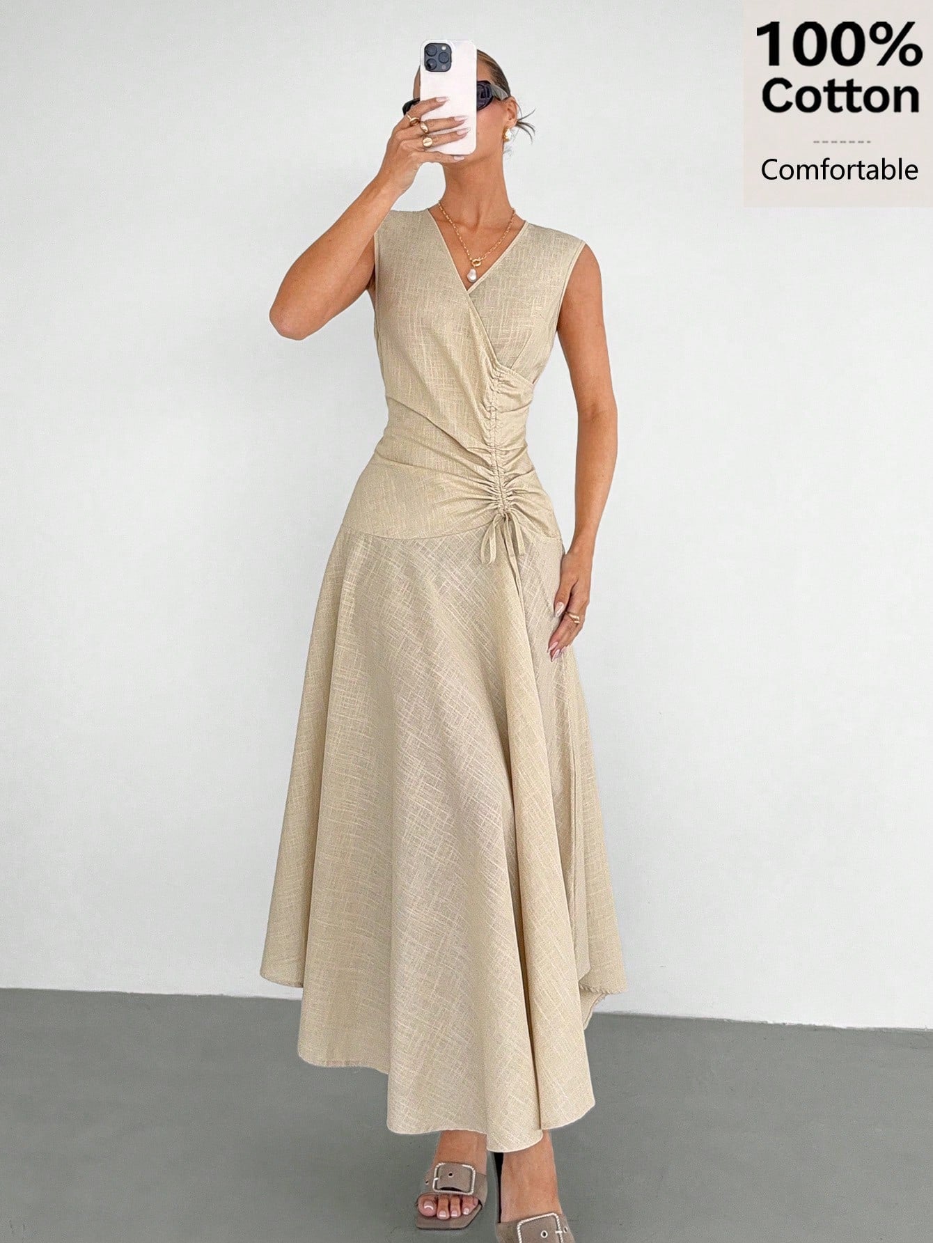 Siren Gaze Women's 100% Cotton & Linen V-Neck Sleeveless Wrap Dress,Asymmetric Hem Pleated Light Beige Elegant Long Dress,Summer Casual Vacation Holiday Dress
