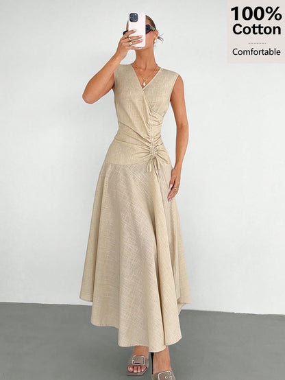 Siren Gaze Women's 100% Cotton & Linen V-Neck Sleeveless Wrap Dress,Asymmetric Hem Pleated Light Beige Elegant Long Dress,Summer Casual Vacation Holiday Dress