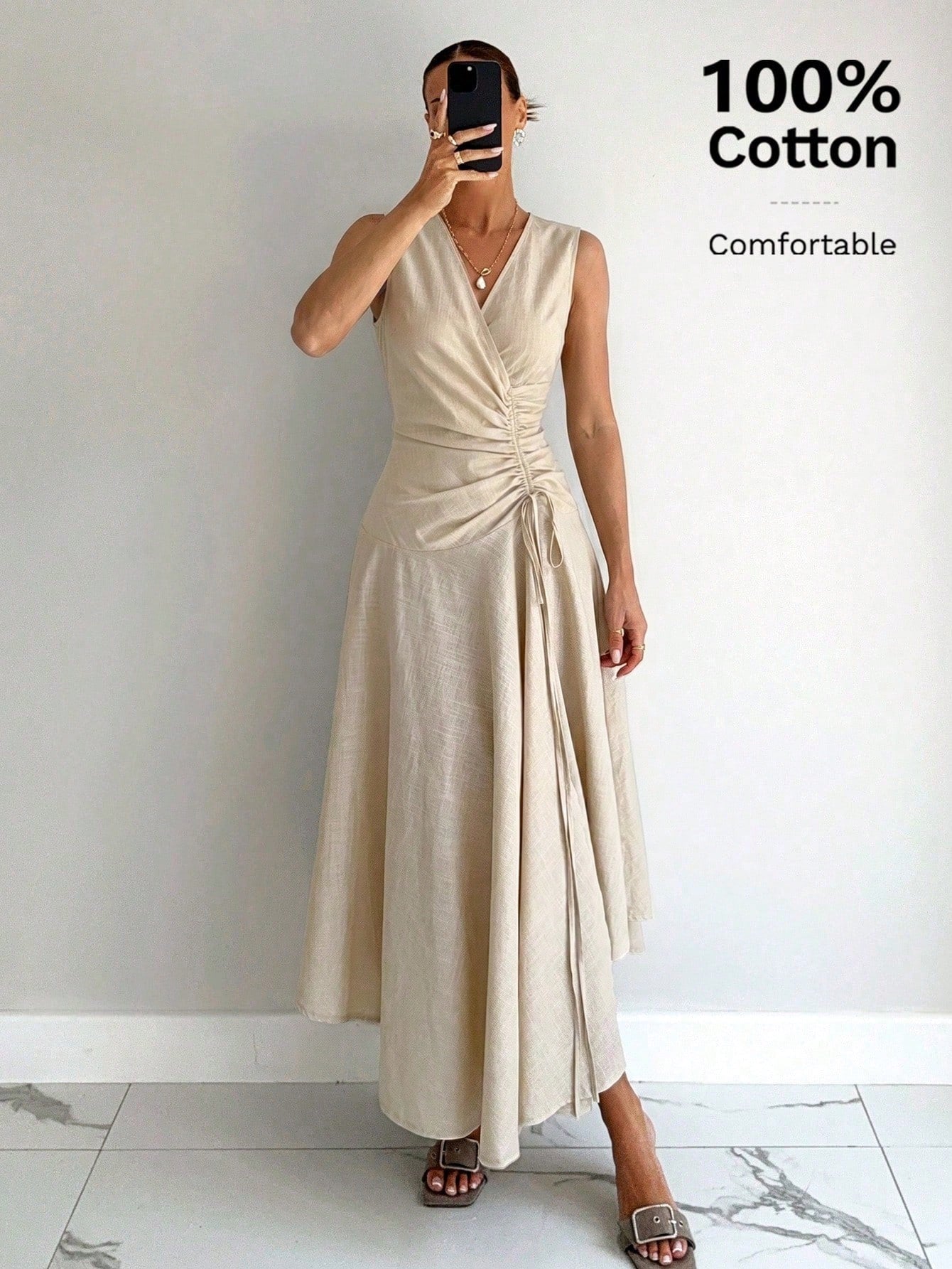 Siren Gaze Women's 100% Cotton & Linen V-Neck Sleeveless Wrap Dress,Asymmetric Hem Pleated Light Beige Elegant Long Dress,Summer Casual Vacation Holiday Dress