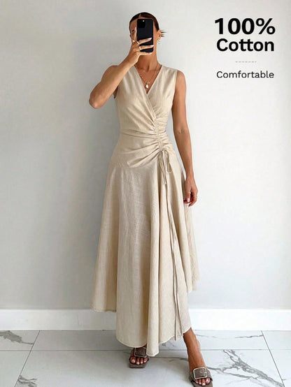 Siren Gaze Women's 100% Cotton & Linen V-Neck Sleeveless Wrap Dress,Asymmetric Hem Pleated Light Beige Elegant Long Dress,Summer Casual Vacation Holiday Dress
