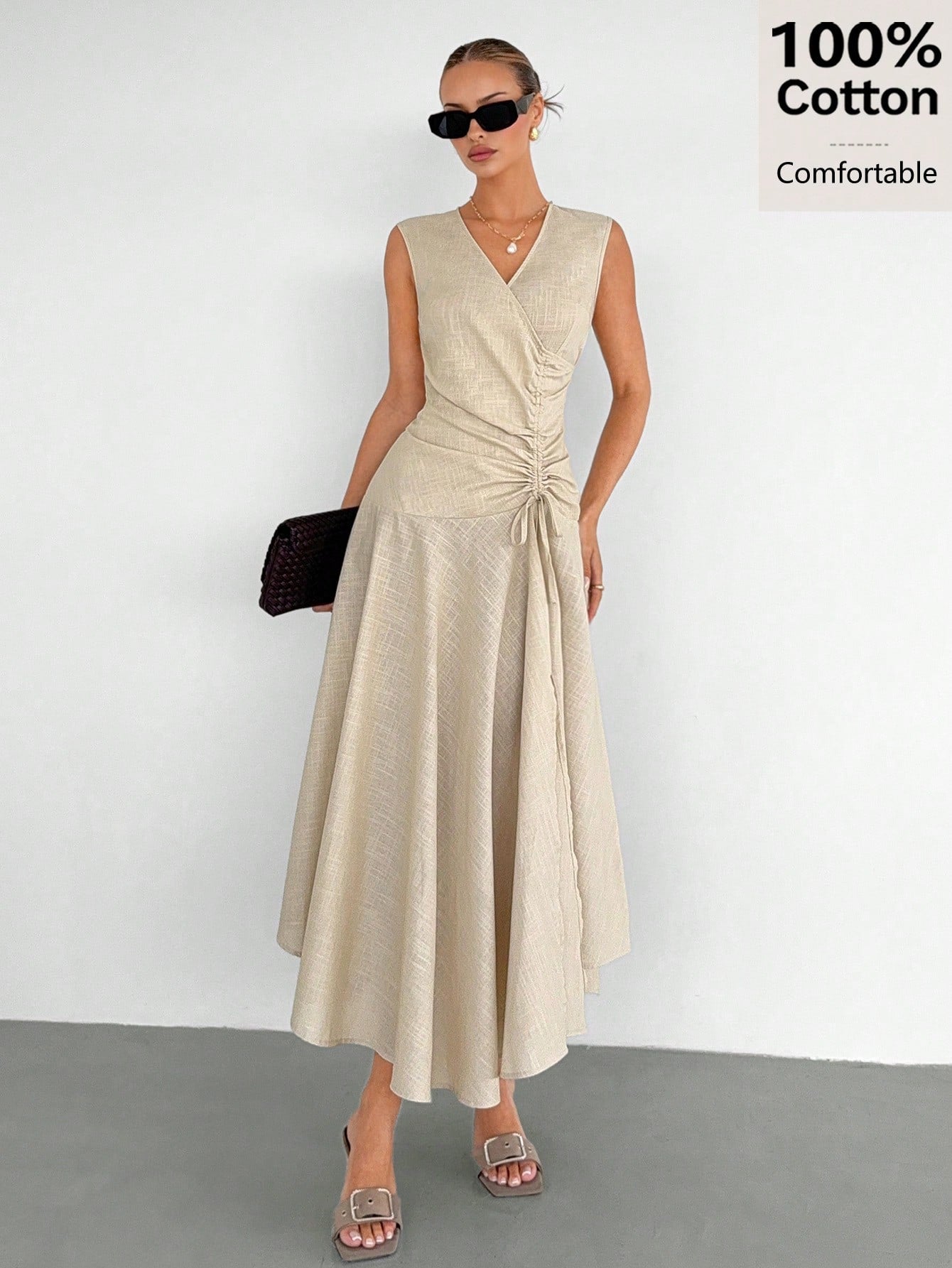 Siren Gaze Women's 100% Cotton & Linen V-Neck Sleeveless Wrap Dress,Asymmetric Hem Pleated Light Beige Elegant Long Dress,Summer Casual Vacation Holiday Dress
