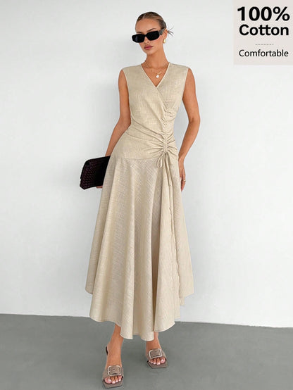 Siren Gaze Women's 100% Cotton & Linen V-Neck Sleeveless Wrap Dress,Asymmetric Hem Pleated Light Beige Elegant Long Dress,Summer Casual Vacation Holiday Dress