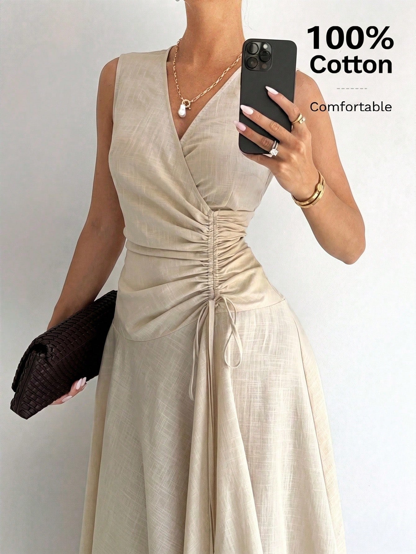 Siren Gaze Women's 100% Cotton & Linen V-Neck Sleeveless Wrap Dress,Asymmetric Hem Pleated Light Beige Elegant Long Dress,Summer Casual Vacation Holiday Dress