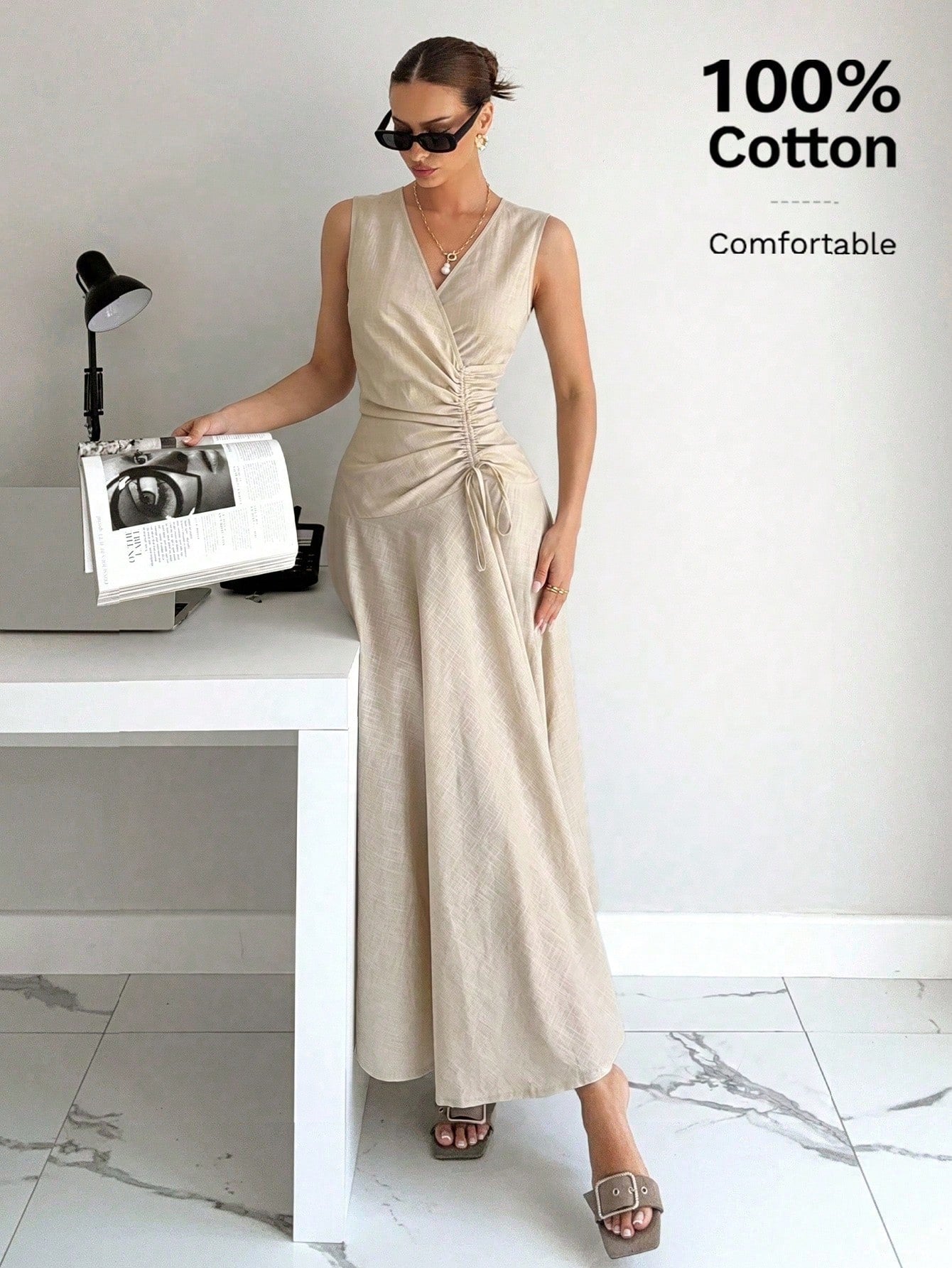 Siren Gaze Women's 100% Cotton & Linen V-Neck Sleeveless Wrap Dress,Asymmetric Hem Pleated Light Beige Elegant Long Dress,Summer Casual Vacation Holiday Dress