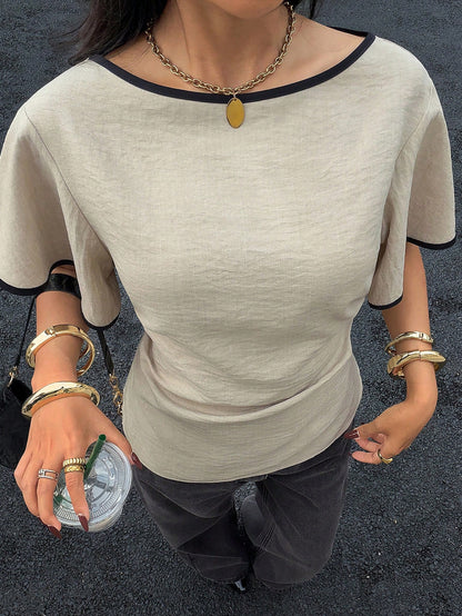 Siren Gaze Women's Contrast Trim Waist Short Sleeve Shirt,Minimalist French Color-Blocked Summer Tops,Black And Beige,Casual,Elegant,Office,Teachers' Day